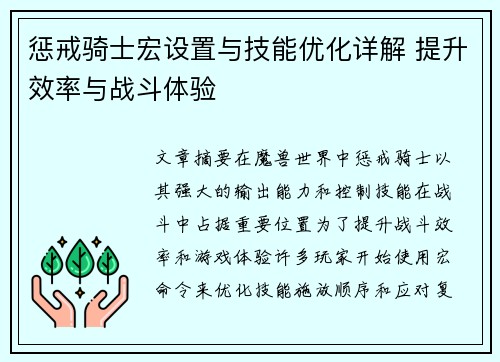 惩戒骑士宏设置与技能优化详解 提升效率与战斗体验